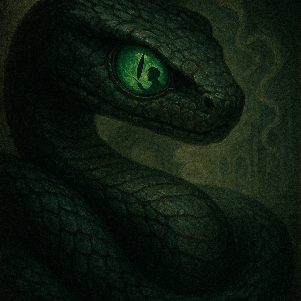 Symbolic fantasy artwork of a serpent’s eye reflecting Harry’s Parseltongue secret and destiny.