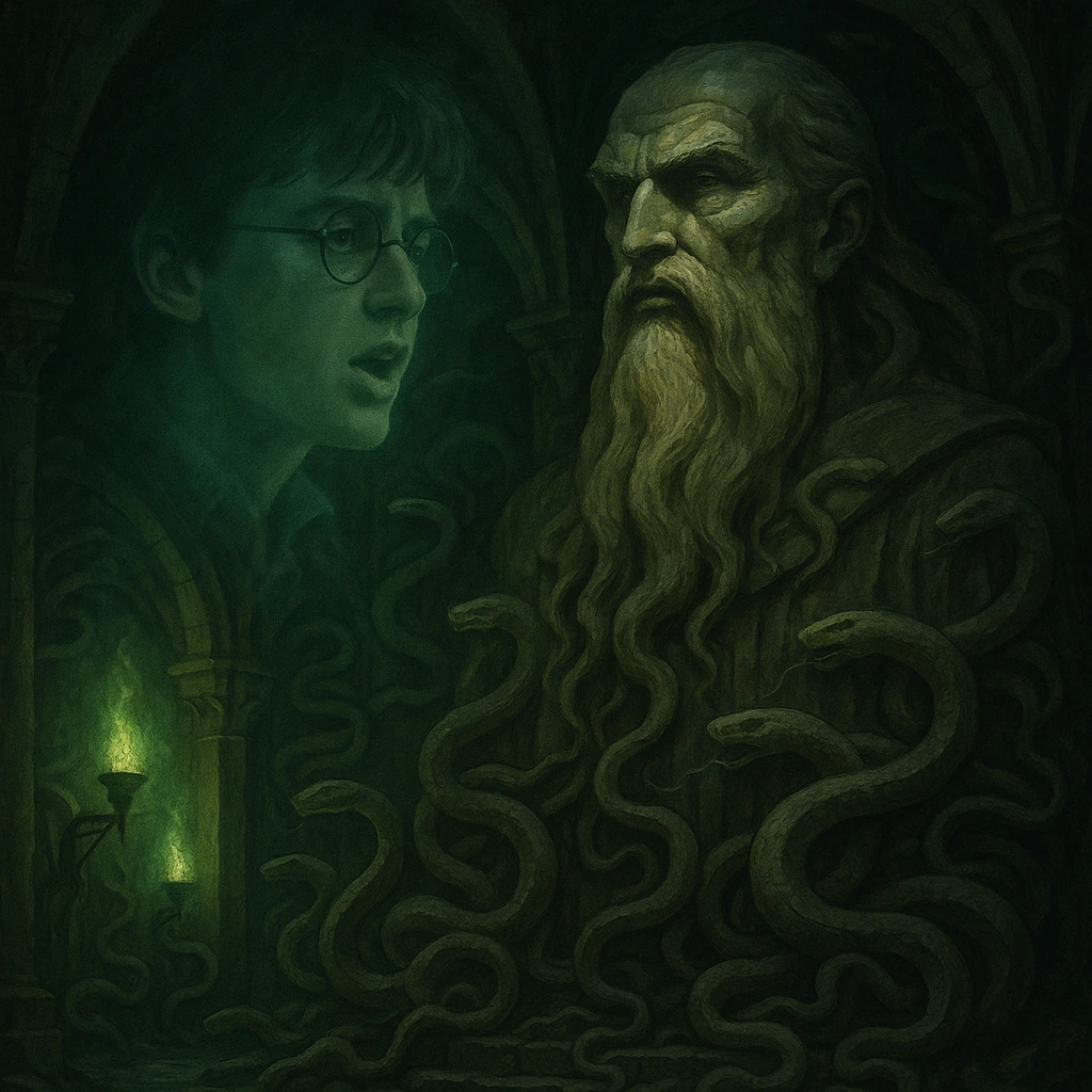 Harry’s Parseltongue secret linked to Salazar Slytherin and the Chamber of Secrets lore.