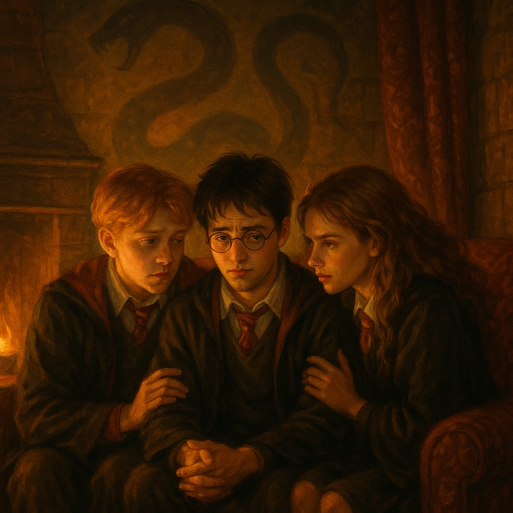 Ron and Hermione supporting Harry despite his Parseltongue secret in the Gryffindor common room.